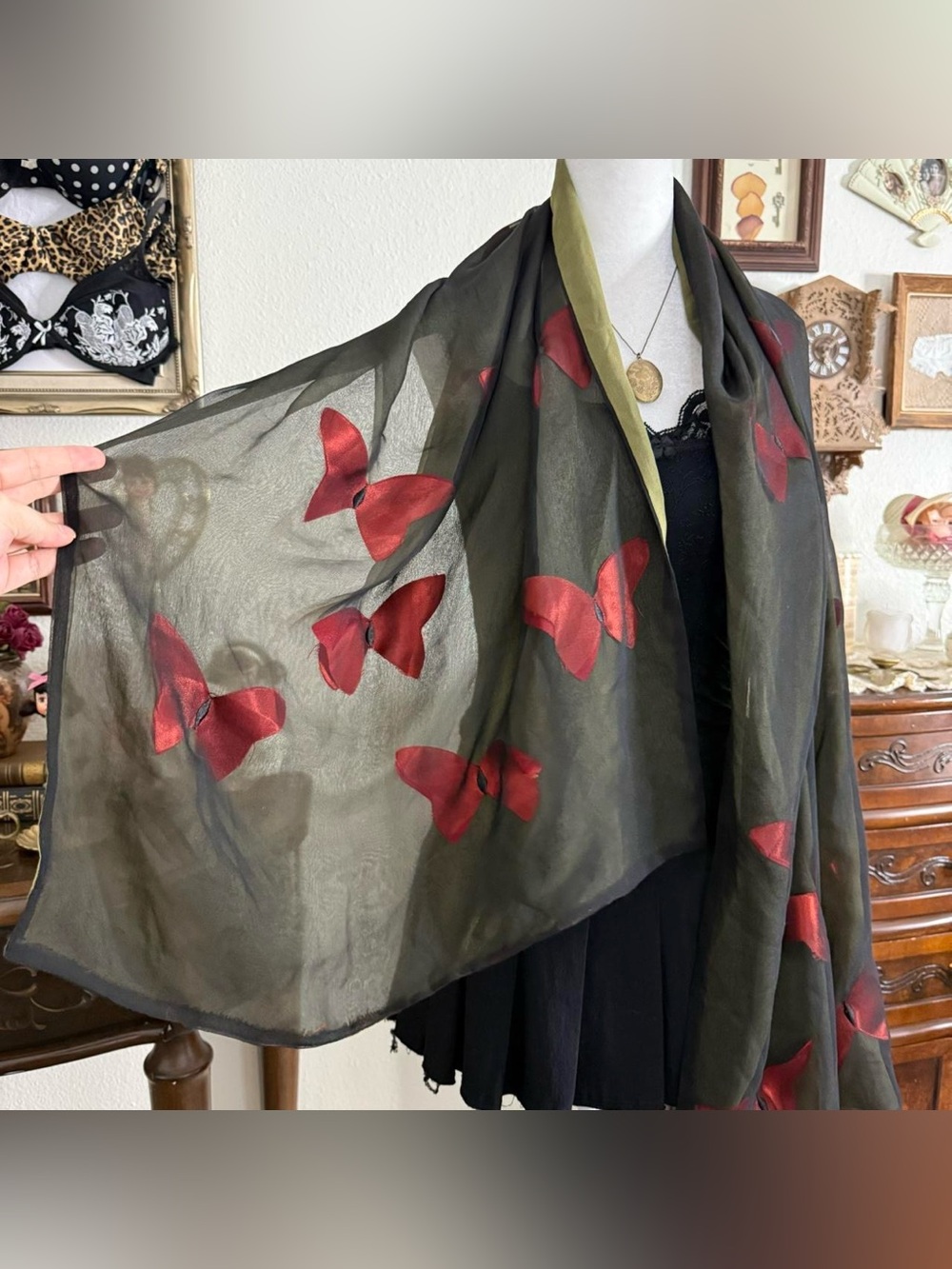 Silk whimsigoth boho dark fairy grunge butterfly scarf - Picture 3 of 4